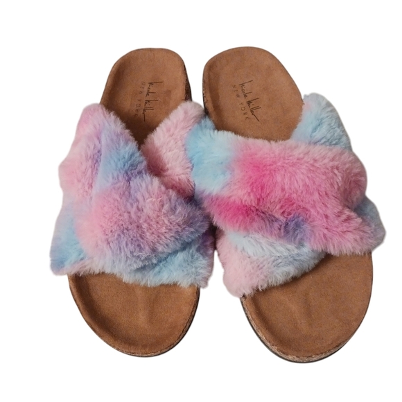 Nicole Miller Tie Dyed FAUX  FUR Rainbowish  Fluffy Slides Ladies 8 Cotton Candy - Picture 2 of 6